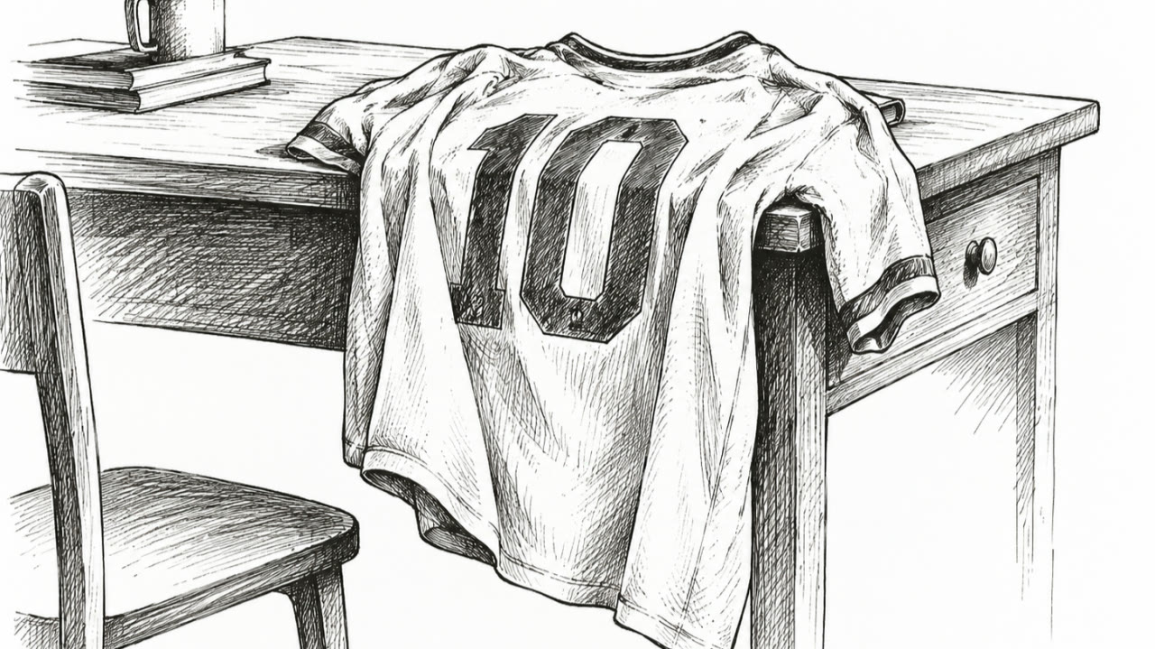 Pen-and-ink drawing of a number 10 football jersey draped over a desk